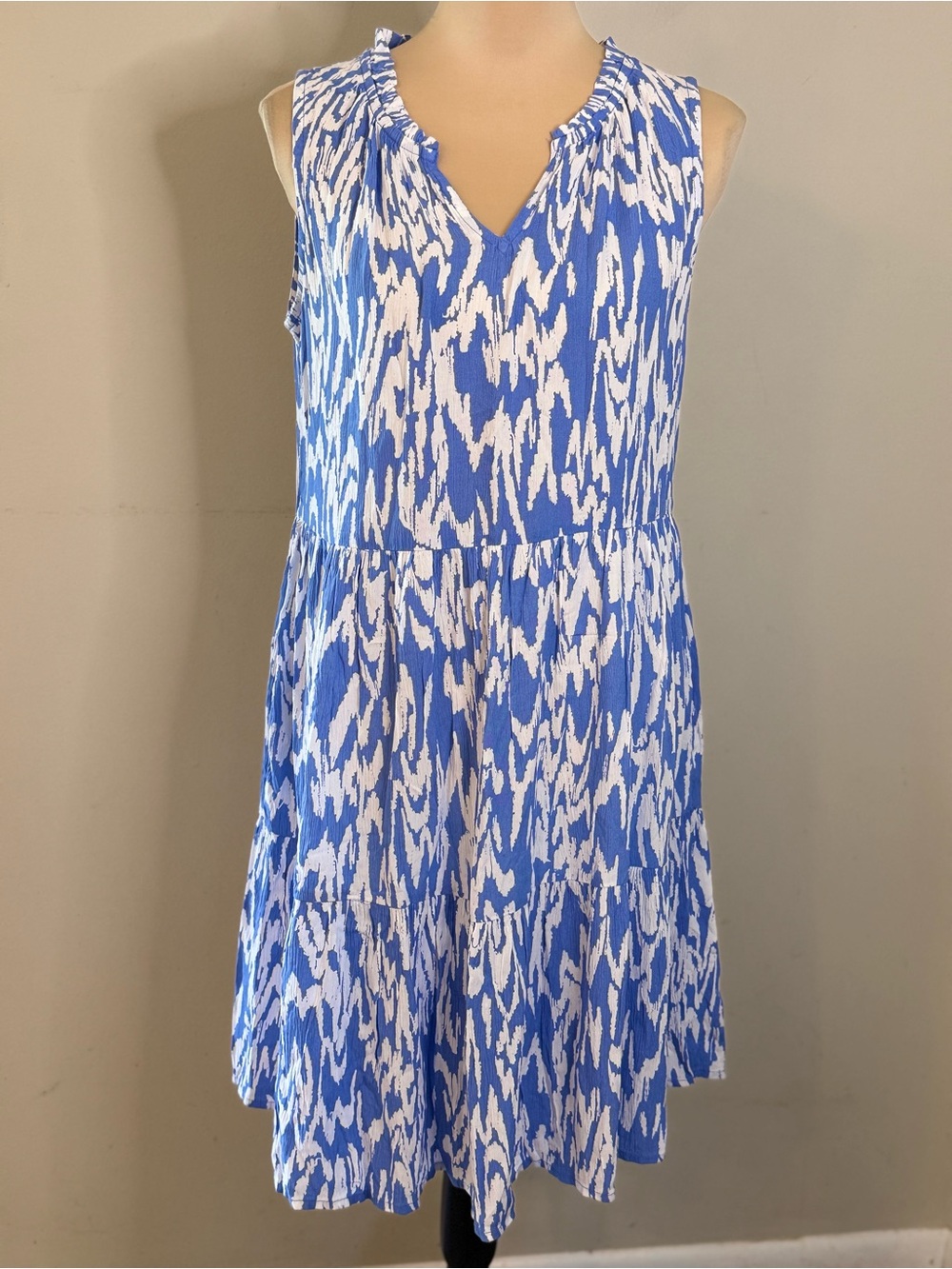 Beachlunchlounge boho blue white sleeveless midi sundress pockets SZ M